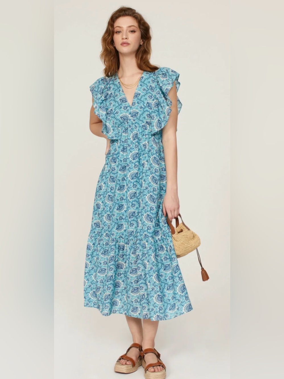 Rhode Tasha Blue Floral Ruffle Maxi Cotton Print Dress P13